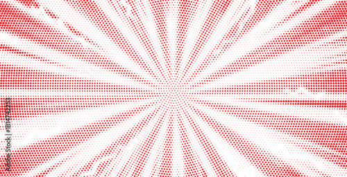 Vivid red radial starburst background with energetic streaks and halftone texture, dramatic bright explosion effect perfect for comic action scenes and bold graphic design