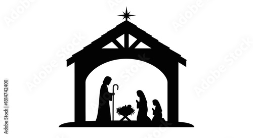 Silhouette Nativity Scene Icon Holy Family Adoring Baby Jesus in Manger