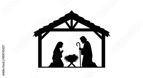 Nativity Scene Silhouette Mary and Joseph Adoring Baby Jesus in Manger Icon
