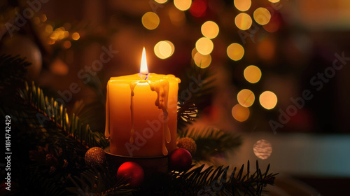 A lit candle sits among evergreen branches and red ornaments, creating a warm Christmas ambiance with blurred festive lights in the background, horizontal banner