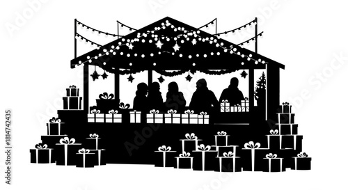 Silhouette of Santa s Workshop Grotto with Elves and Piles of Christmas Gifts