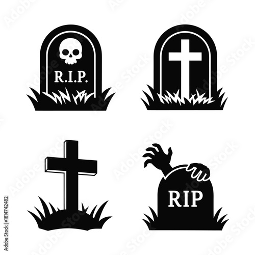 Halloween gravestone and cross icons collection. tombstones with skull, rip, cross, and zombie hand silhouettes.