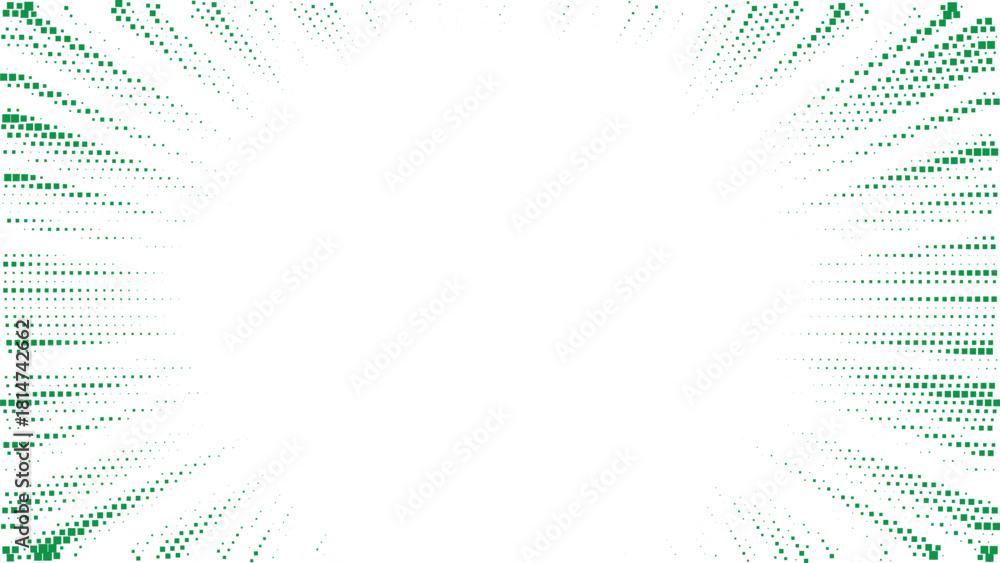 Fototapeta premium Fresh green halftone radial frame with dotted gradient rays forming bright energetic opening, modern abstract background ideal for comic style layouts and dynamic graphic design