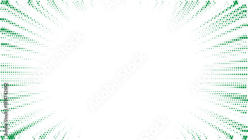 Fresh green halftone radial frame with dotted gradient rays forming bright energetic opening, modern abstract background ideal for comic style layouts and dynamic graphic design