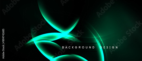 Dark backdrop features glowing turquoise curves. Abstract lines create dynamic visual effect. Text reads background design. Minimalist style.
