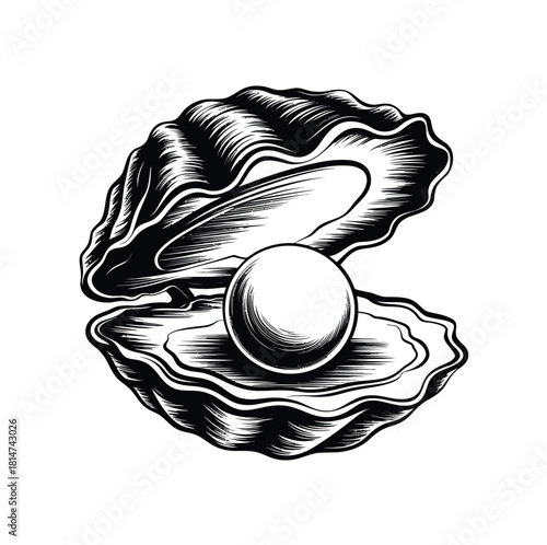 Black and white engraving style illustration of an open oyster shell revealing a precious, shiny pearl inside