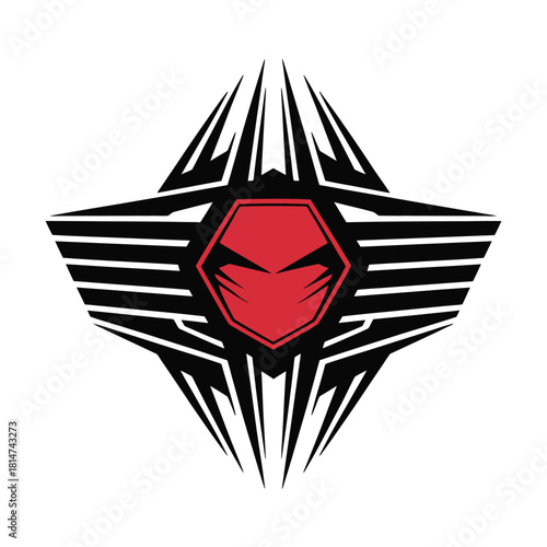 Red masked face in a black tribal geometric hexagon emblem. powerful graphic logo with sharp edgy details for branding.