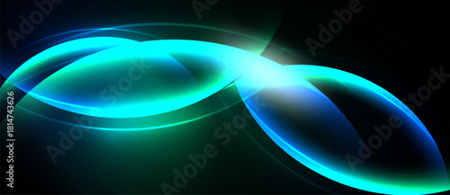Abstract flowing shapes, vibrant turquoise hues, bright light source. Dark background emphasizes luminous curves, creating dynamic visual effect.