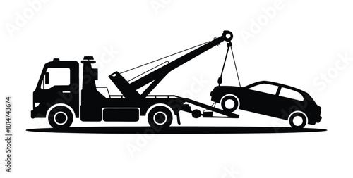 Silhouette of a tow truck lifting a car, showcasing essential vehicle recovery and roadside assistance service.