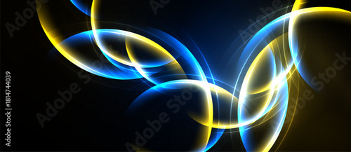Abstract swirls, luminous curves, vibrant blues, yellows dominate dark background. Dynamic energy, flowing shapes create modern visual impact.