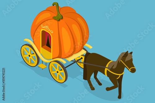 3D Isometric Flat Vector Illustration of Magnificent Pumpkin Carriage, Enchanting Story