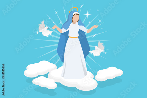 3D Isometric Flat Vector Illustration of Virgin Mary, Assumption Of Mary With Feast And Doves In Heaven
