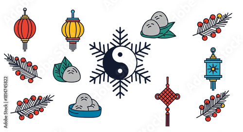 Celebrate Chinese New Year with these vibrant lanterns, lucky knots, and festive sweets, perfect for greeting cards, website accents, and modern holiday promotions