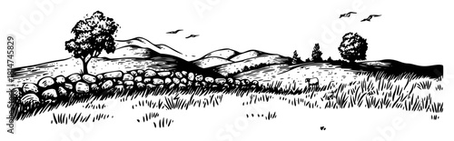 rural meadow landscape rolling hills monochrome vector illustration