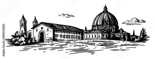 renaissance cathedral basilica monochrome vector illustration
