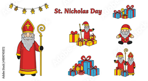 Celebrate St Nicholas Day with Festive Gifts and Characters, a charming holiday illustration perfect for greeting cards, invitations, and seasonal promotions, originally vector
