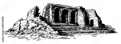 ancient temple ruins monochrome vector illustration
