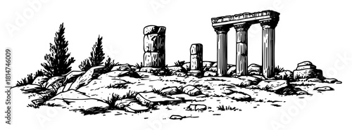 classical greek temple ruins monochrome vector illustration