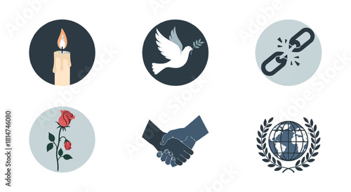 Promote Peace and Unity with Elegant Icons Representing Hope, Remembrance, Solidarity, and Global Harmony - Perfect for International Campaigns and Humanitarian Efforts