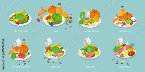 3D Isometric Flat Vector Set of Vegetarian Food Plates, Organic Grocery Products