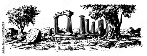 ruined greek temple columns landscape monochrome vector illustration
