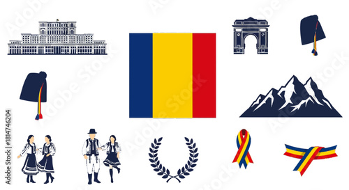 Celebrate Romanian Heritage with this Collection of Iconic Symbols, Featuring the National Flag, Traditional Clothing, Architecture, and Mountainscapes, Perfect for Cultural Projects