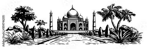 taj mahal monument with palm trees monochrome vector illustration