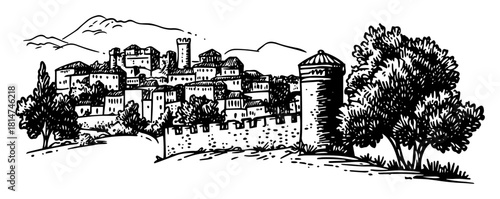 mediterranean hilltop village and tower monochrome vector illustration