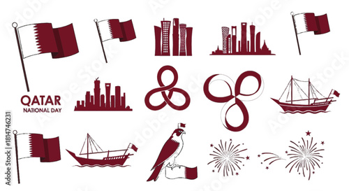 Celebrate Qatar National Day with this elegant design featuring iconic symbols like the flag, skyline, dhow boats, and a falcon, perfect for a patriotic tribute