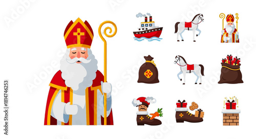 Celebrate Sinterklaas with festive icons of Saint Nicholas, his horse, presents, and joyful traditions, perfect for holiday greetings and charming seasonal designs