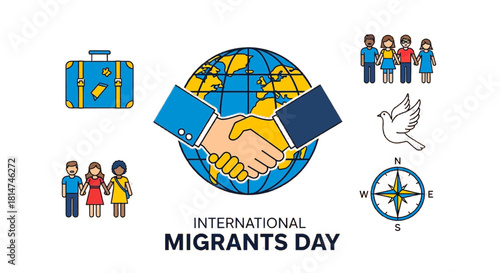Inspiring International Migrants Day design promoting global unity and cultural diversity, featuring symbols of travel, peace, and connection in a modern, eye catching style