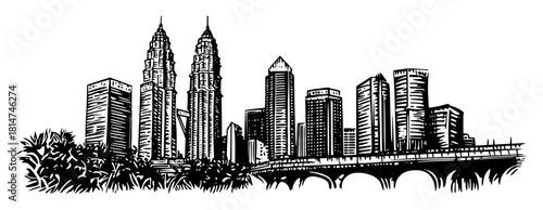 kuala lumpur skyline with petronas towers monochrome vector illustration