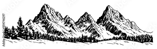 alpine mountain range with pine forest monochrome vector illustration