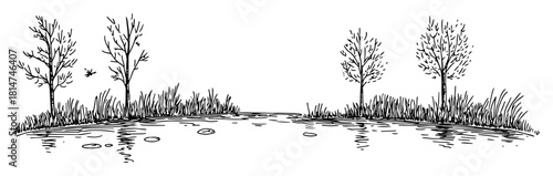 swamp landscape with bare trees reflection hand drawn sketch vector illustration