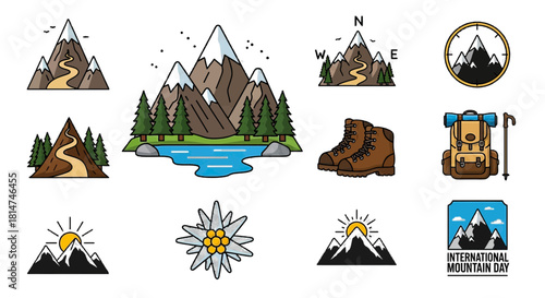 Explore the great outdoors with this stunning mountain adventure set originally designed as scalable vector art, perfect for travel blogs and outdoor gear promotions