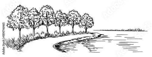 river bank landscape with trees hand drawn vector sketch illustration