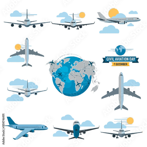 Celebrate Civil Aviation Day with a vibrant collection of jet airliner illustrations and global travel routes, ideal for aviation enthusiasts and travel promotions