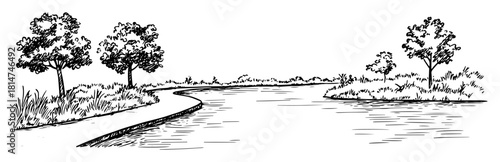 wide river landscape with path and trees hand drawn vector sketch
