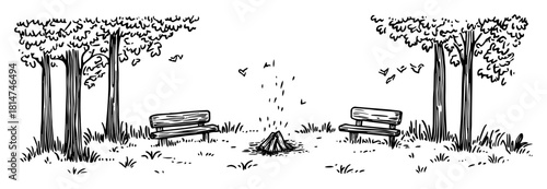 park scene with benches and campfire hand drawn vector sketch illustration