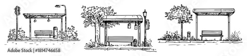 bus stop with bench set hand drawn vector sketch illustration