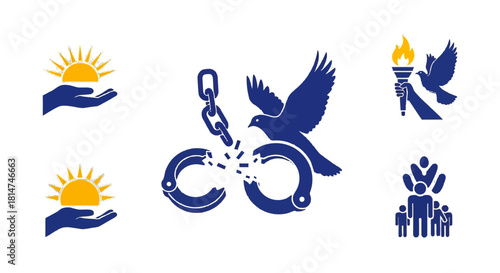 Inspiring symbol of freedom, justice and hope, featuring a dove, broken chains, hands holding sun, and people, perfect for human rights campaigns and social justice initiatives