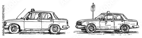 retro taxi cars side view hand drawn vector sketch illustration