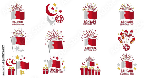 Celebrate Bahrain National Day with festive emblems showing the flag, fireworks, gifts, stars and crescent moons conveying joyful patriotism and cultural pride