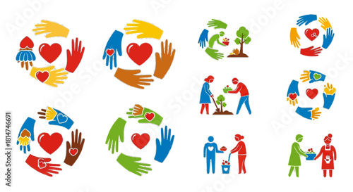 Vibrant symbols of community support and collaborative action showcasing diverse hands, planting trees, and sharing love, perfect for charity and teamwork campaigns