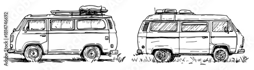 vintage camper vans side views monochrome vector illustration