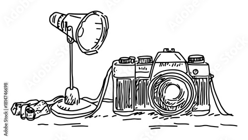 studio lamp and analog camera equipment monochrome vector illustration