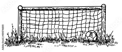 soccer goal with ball on grass field hand drawn vector sketch illustration