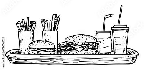 fast food meal tray burgers fries soda monochrome vector illustration
