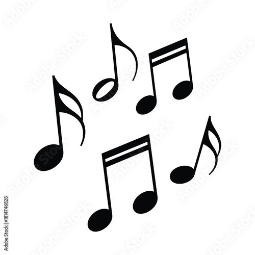 A collection of black musical notes scattered across a white background