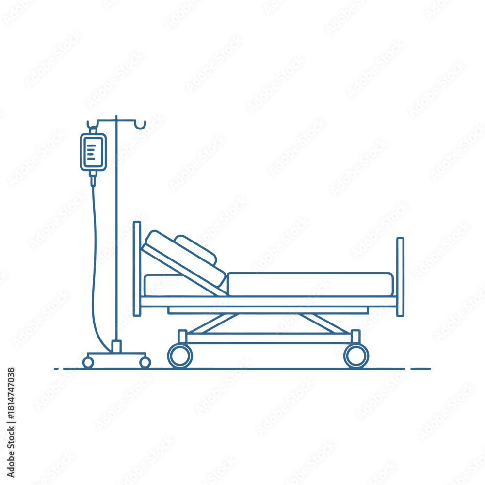Naklejka premium A simple line drawing depicts a hospital bed with an iv drip stand